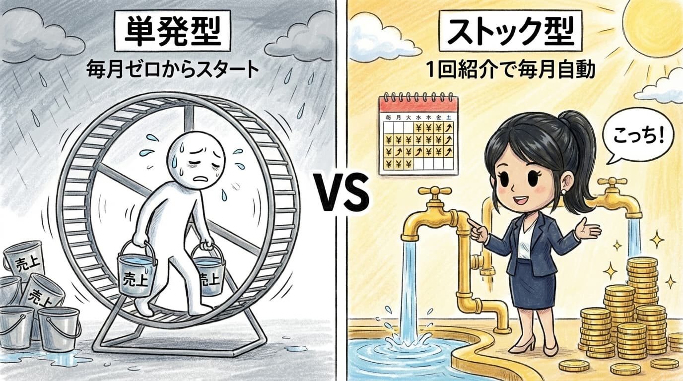 ストック型 vs 単発型 - 水道とバケツの比較